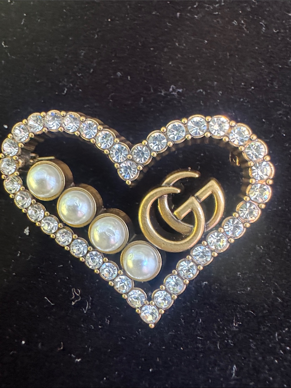 Brooch antique Gold tone Heart with Pearls and Clear Crystals signed in back